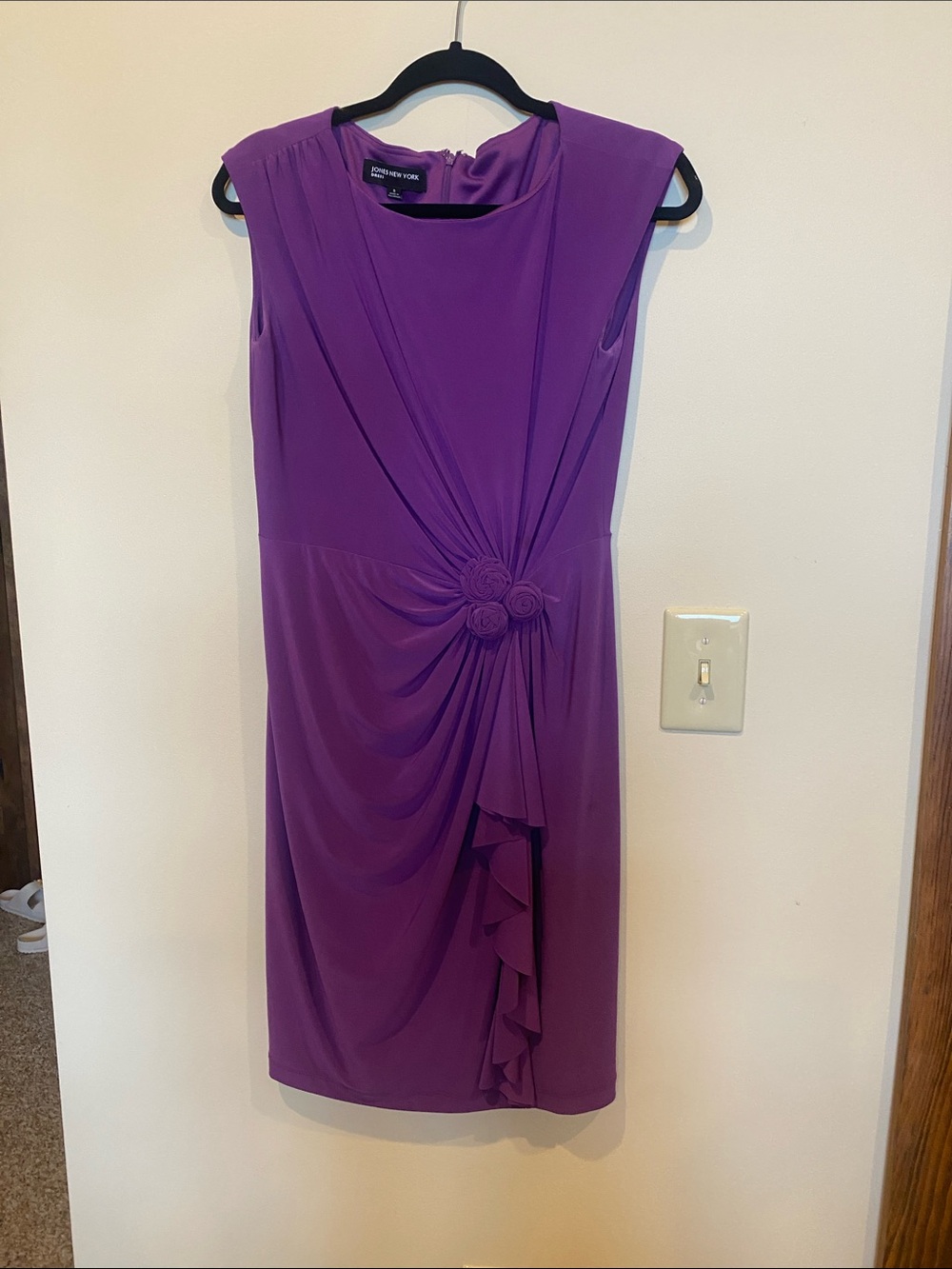 Jones New York Purple Sleeveless Rosette Draped Midi Dress
